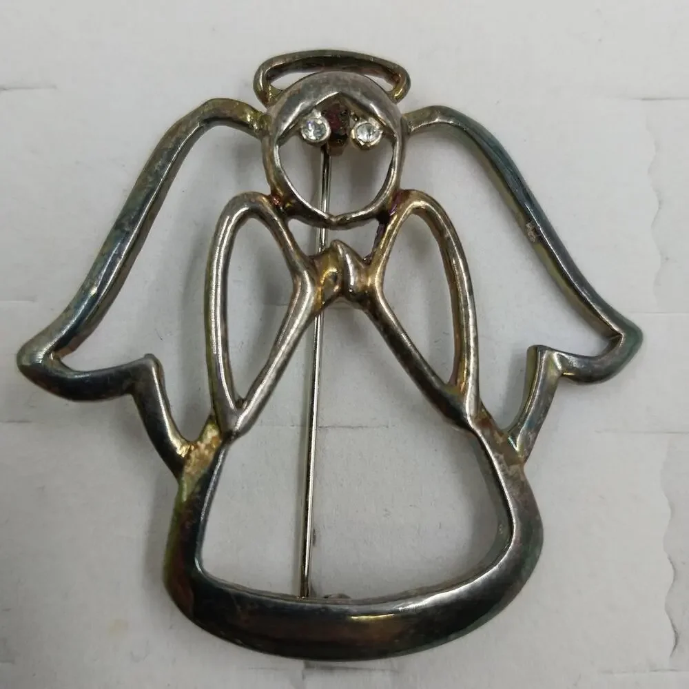 Silver Tone Openwork Angel Brooch Rhinestone Eyes Halo Pin 2